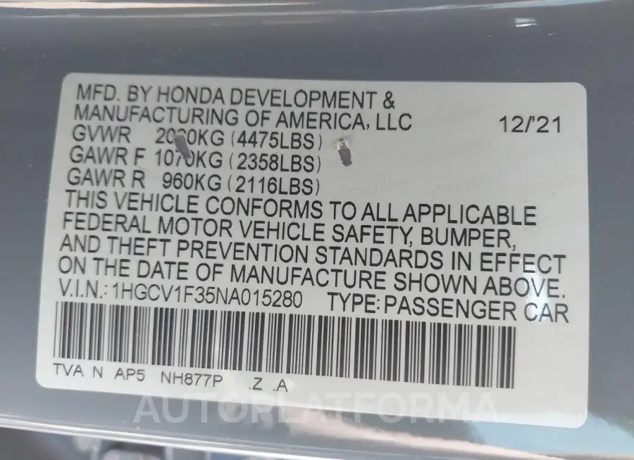 HONDA ACCORD 2022 vin 1HGCV1F35NA015280 from auto auction Iaai