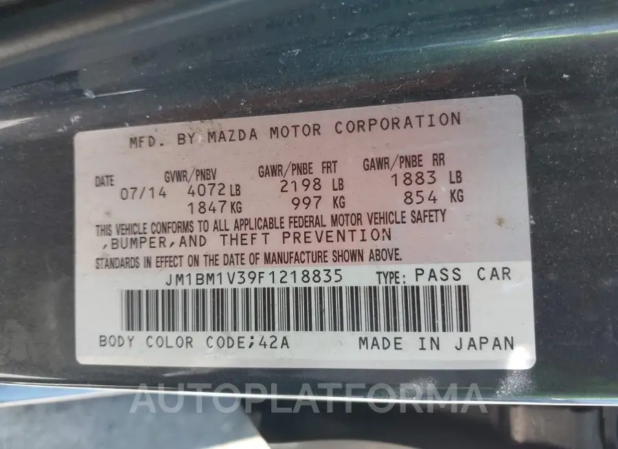 MAZDA MAZDA3 2015 vin JM1BM1V39F1218835 from auto auction Iaai