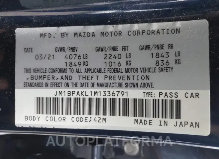 MAZDA MAZDA3 2021 vin JM1BPAKL1M1336791 from auto auction Iaai