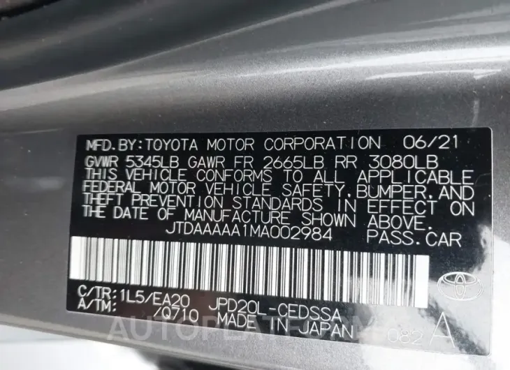 TOYOTA MIRAI 2021 vin JTDAAAAA1MA002984 from auto auction Iaai