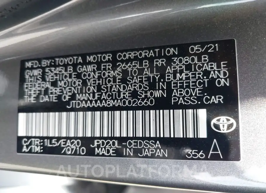 TOYOTA MIRAI 2021 vin JTDAAAAA8MA002660 from auto auction Iaai