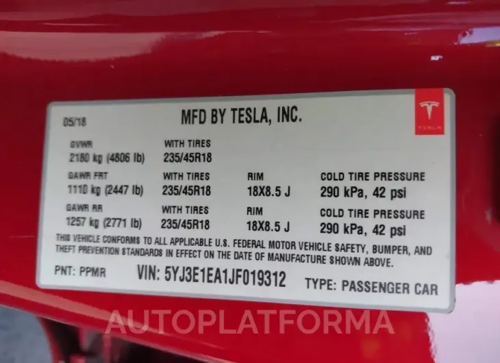 TESLA MODEL 3 2018 vin 5YJ3E1EA1JF019312 from auto auction Iaai