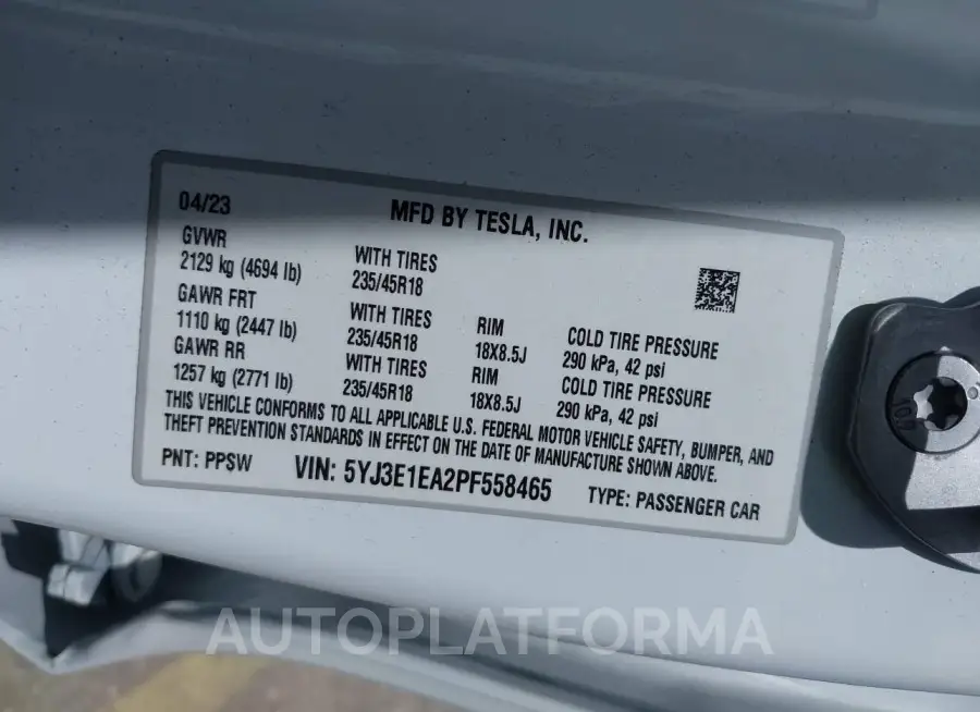 TESLA MODEL 3 2023 vin 5YJ3E1EA2PF558465 from auto auction Iaai