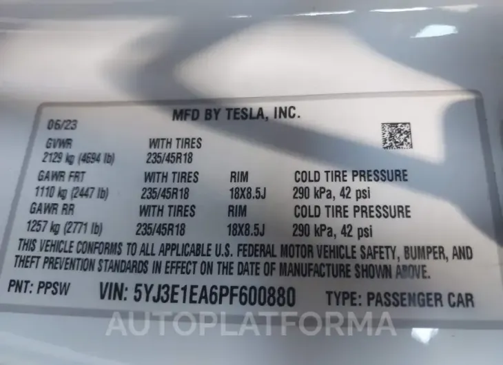 TESLA MODEL 3 2023 vin 5YJ3E1EA6PF600880 from auto auction Iaai