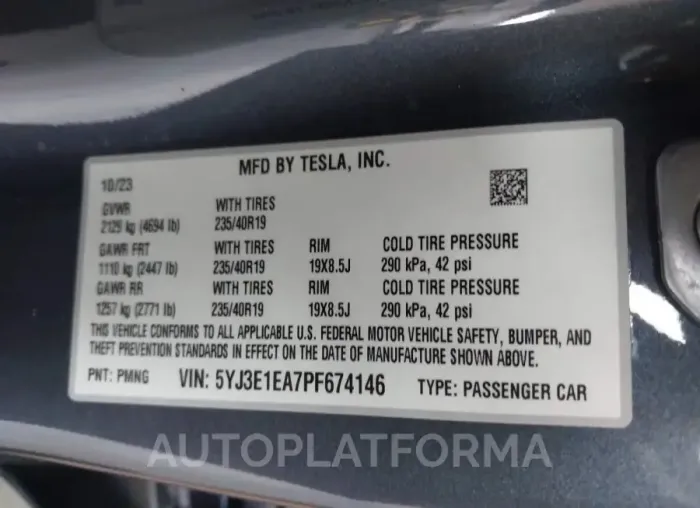 TESLA MODEL 3 2023 vin 5YJ3E1EA7PF674146 from auto auction Iaai