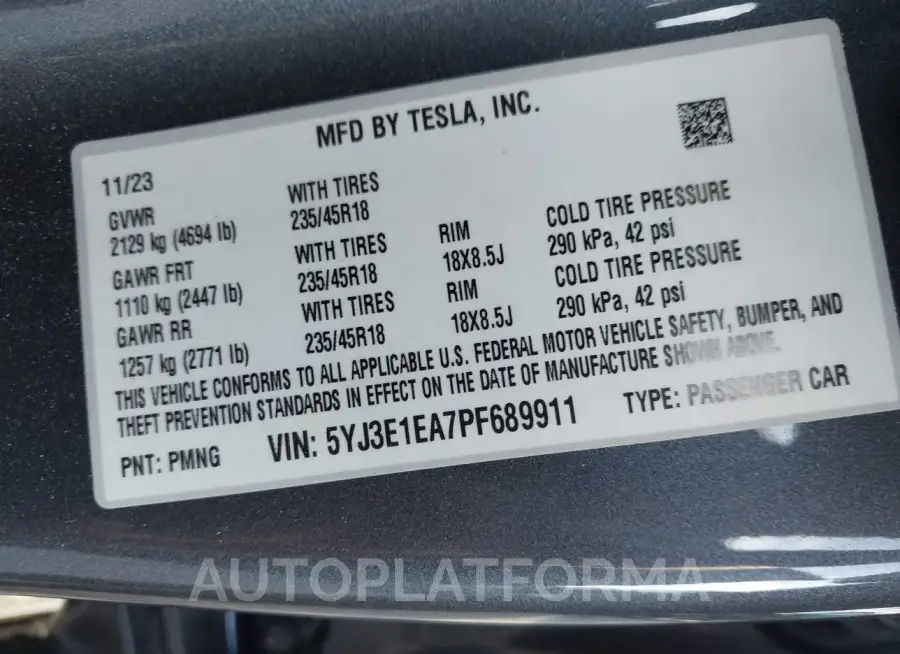 TESLA MODEL 3 2023 vin 5YJ3E1EA7PF689911 from auto auction Iaai