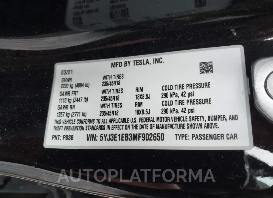 TESLA MODEL 3 2021 vin 5YJ3E1EB3MF902650 from auto auction Iaai