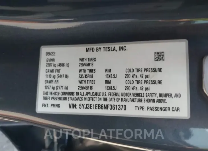 TESLA MODEL 3 2022 vin 5YJ3E1EB6NF361370 from auto auction Iaai