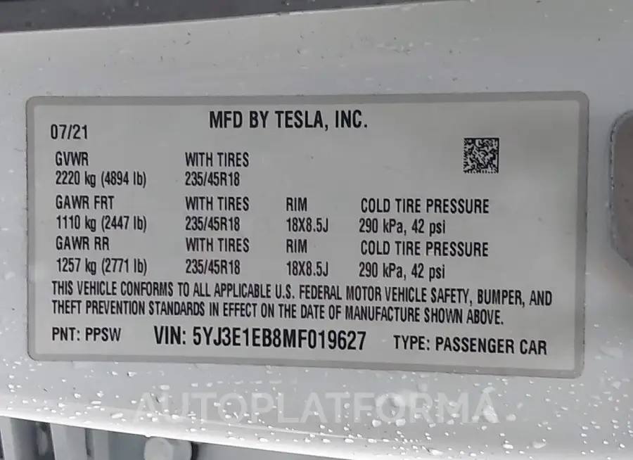 TESLA MODEL 3 2021 vin 5YJ3E1EB8MF019627 from auto auction Iaai