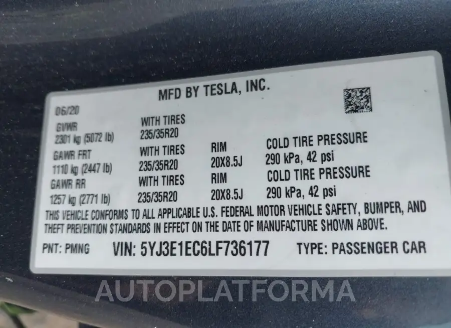 TESLA MODEL 3 2020 vin 5YJ3E1EC6LF736177 from auto auction Iaai