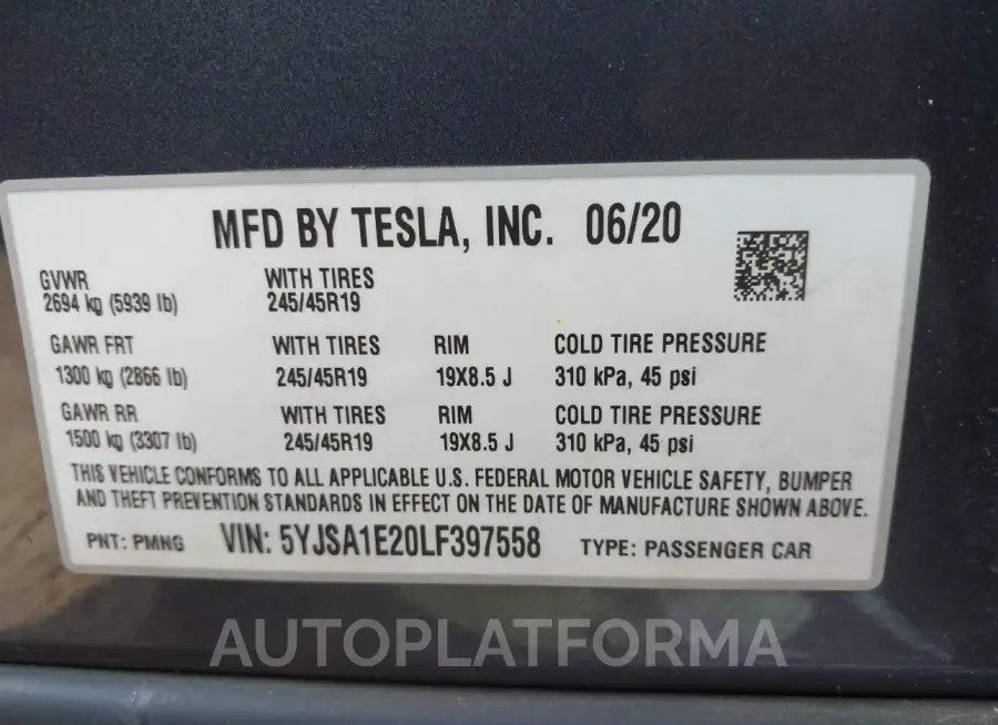 TESLA MODEL S 2020 vin 5YJSA1E20LF397558 from auto auction Iaai