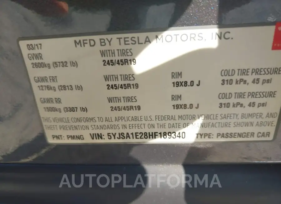 TESLA MODEL S 2017 vin 5YJSA1E28HF189340 from auto auction Iaai