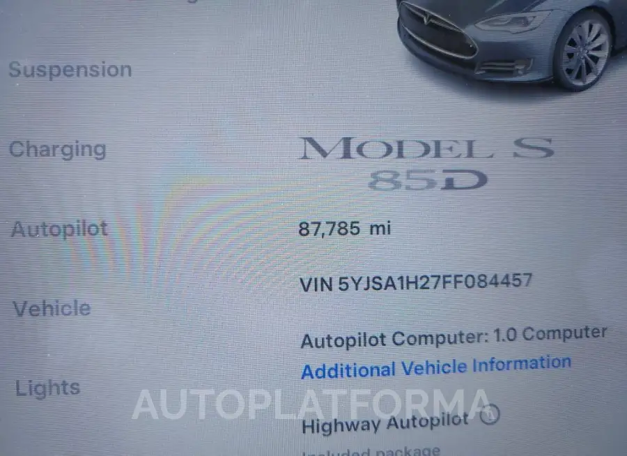 TESLA MODEL S 2015 vin 5YJSA1H27FF084457 from auto auction Iaai