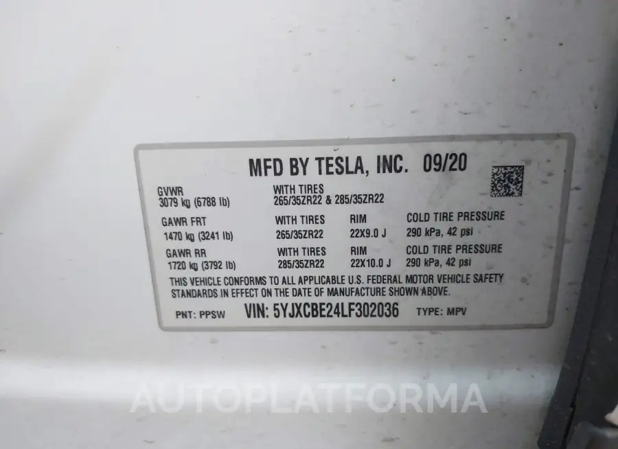 TESLA MODEL X 2020 vin 5YJXCBE24LF302036 from auto auction Iaai