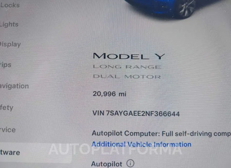 TESLA MODEL Y 2022 vin 7SAYGAEE2NF366644 from auto auction Iaai