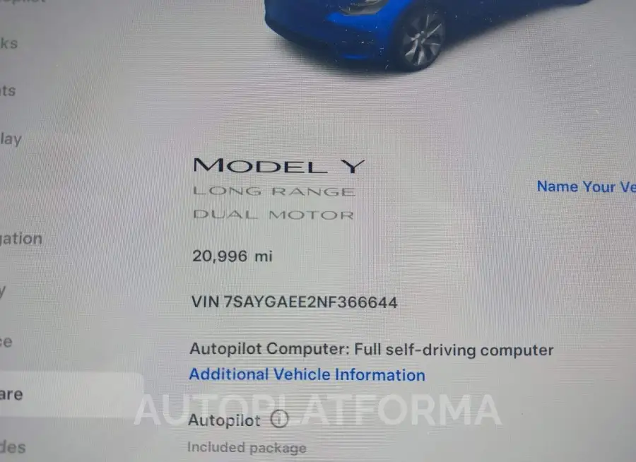 TESLA MODEL Y 2022 vin 7SAYGAEE2NF366644 from auto auction Iaai