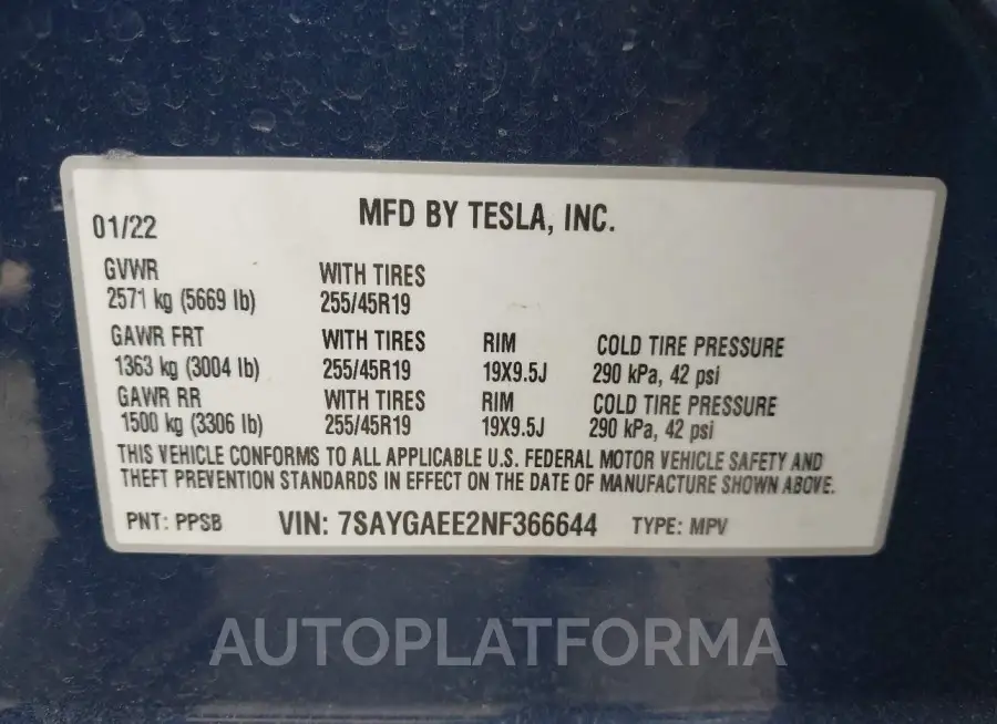 TESLA MODEL Y 2022 vin 7SAYGAEE2NF366644 from auto auction Iaai