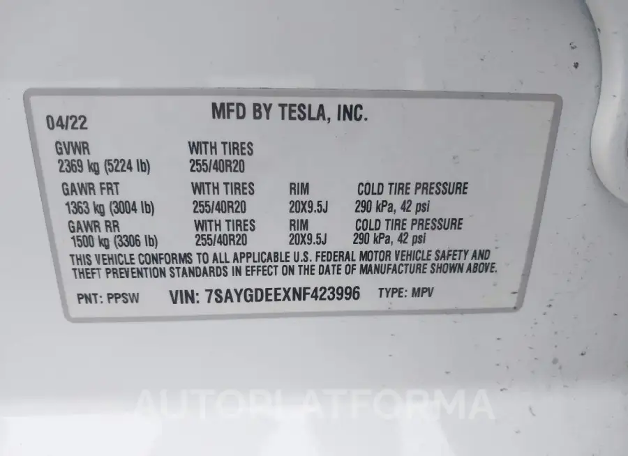 TESLA MODEL Y 2022 vin 7SAYGDEEXNF423996 from auto auction Iaai