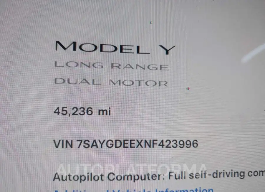 TESLA MODEL Y 2022 vin 7SAYGDEEXNF423996 from auto auction Iaai