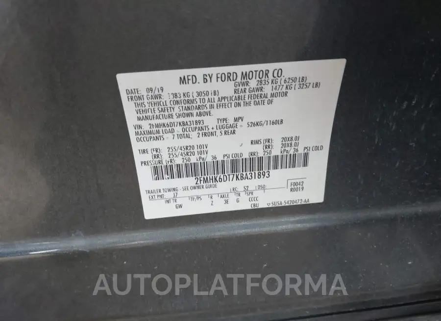 FORD FLEX 2019 vin 2FMHK6DT7KBA31893 from auto auction Iaai