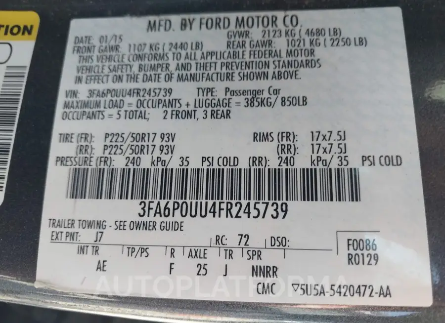 FORD FUSION HYBRID 2015 vin 3FA6P0UU4FR245739 from auto auction Iaai