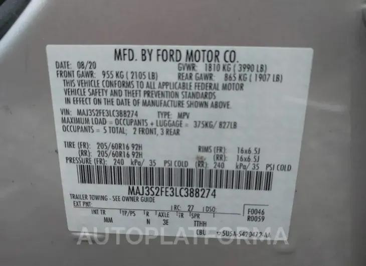 FORD ECOSPORT 2020 vin MAJ3S2FE3LC388274 from auto auction Iaai