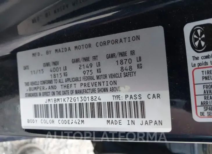 MAZDA MAZDA3 2016 vin JM1BM1K72G1301824 from auto auction Iaai