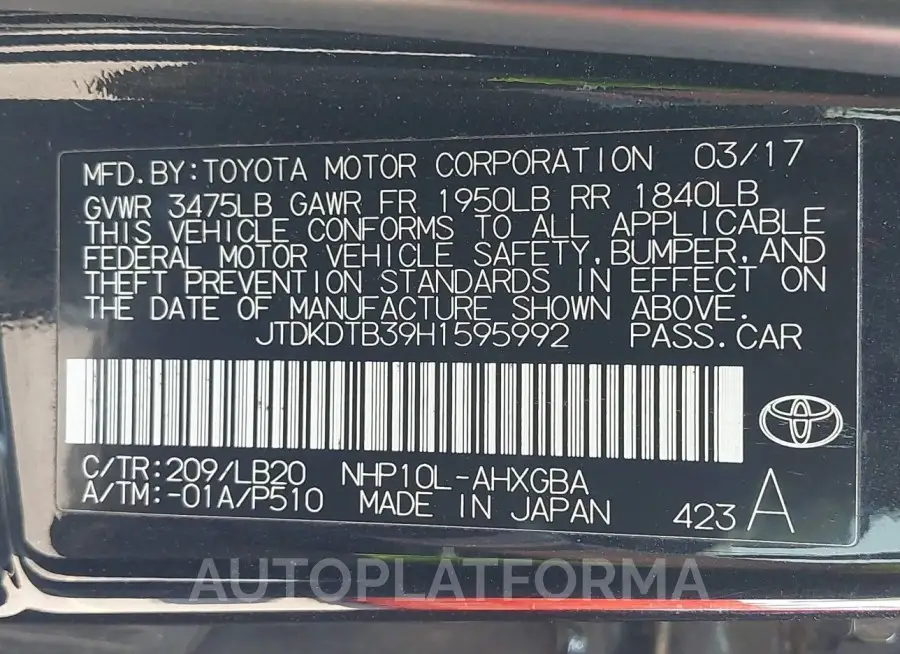 TOYOTA Prius c 2017 vin JTDKDTB39H1595992 from auto auction Iaai