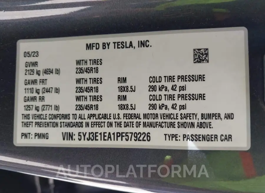 TESLA MODEL 3 2023 vin 5YJ3E1EA1PF579226 from auto auction Iaai