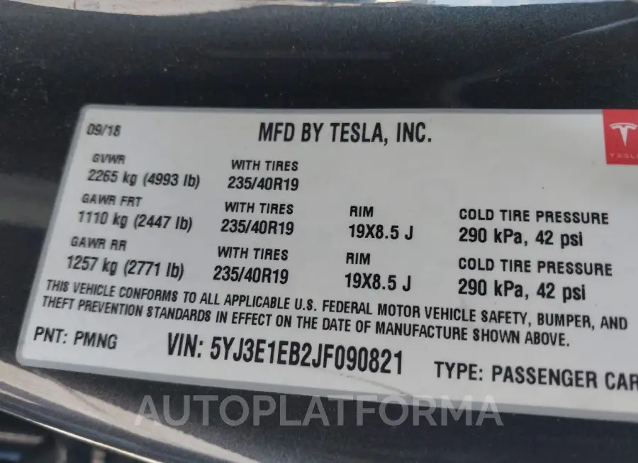 TESLA MODEL 3 2018 vin 5YJ3E1EB2JF090821 from auto auction Iaai