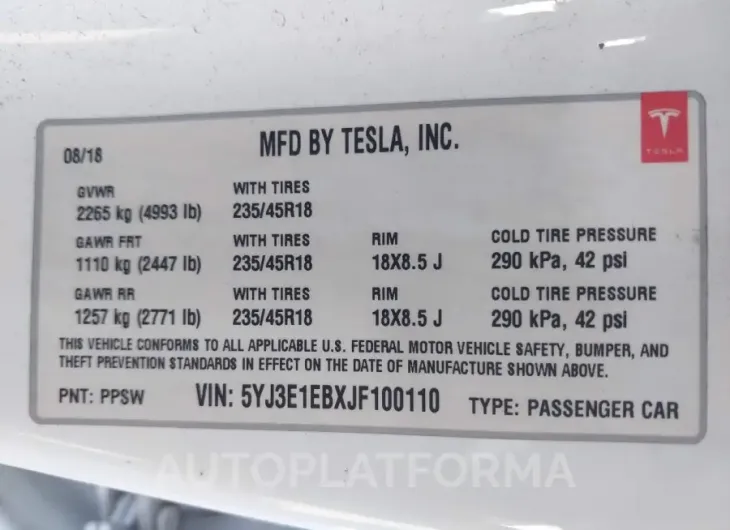 TESLA MODEL 3 2018 vin 5YJ3E1EBXJF100110 from auto auction Iaai