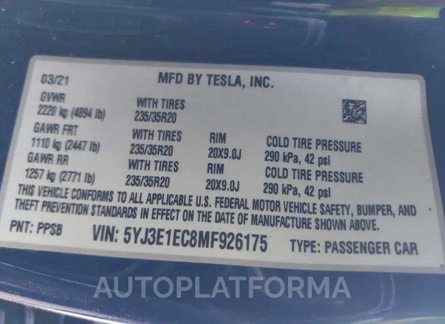 TESLA MODEL 3 2021 vin 5YJ3E1EC8MF926175 from auto auction Iaai