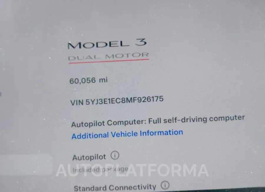 TESLA MODEL 3 2021 vin 5YJ3E1EC8MF926175 from auto auction Iaai