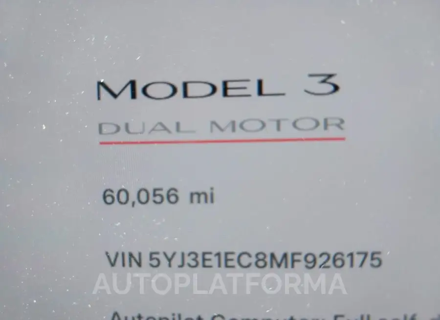 TESLA MODEL 3 2021 vin 5YJ3E1EC8MF926175 from auto auction Iaai