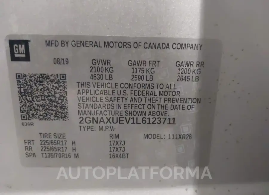 CHEVROLET EQUINOX 2020 vin 2GNAXUEV1L6123711 from auto auction Iaai