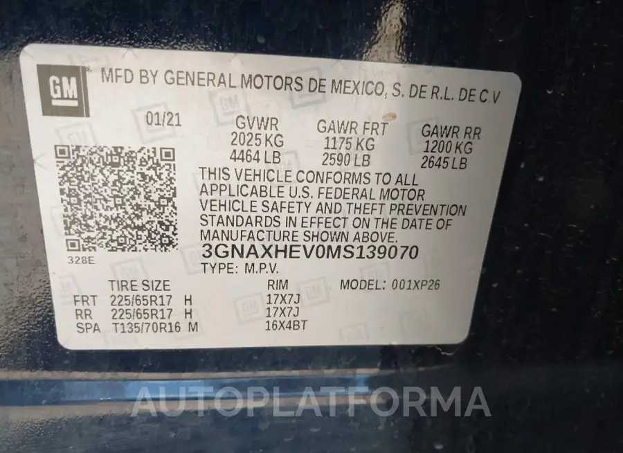 CHEVROLET EQUINOX 2021 vin 3GNAXHEV0MS139070 from auto auction Iaai