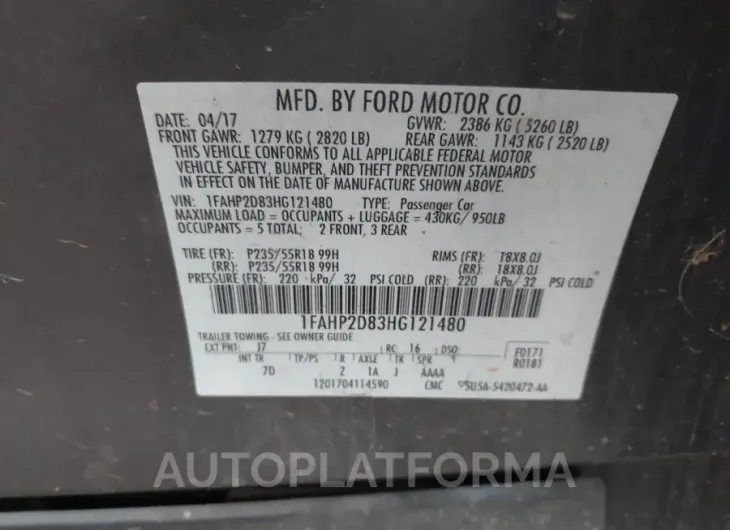 FORD TAURUS 2017 vin 1FAHP2D83HG121480 from auto auction Iaai