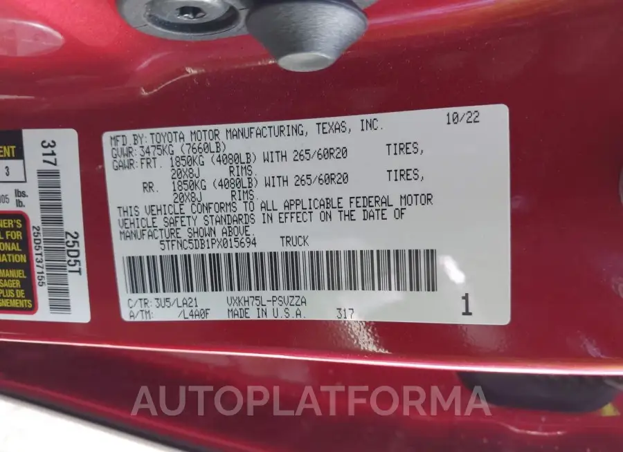 TOYOTA TUNDRA HYBRID 2023 vin 5TFNC5DB1PX015694 from auto auction Iaai