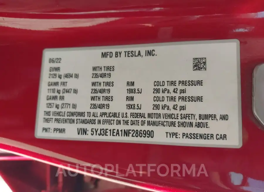 TESLA MODEL 3 2022 vin 5YJ3E1EA1NF286990 from auto auction Iaai