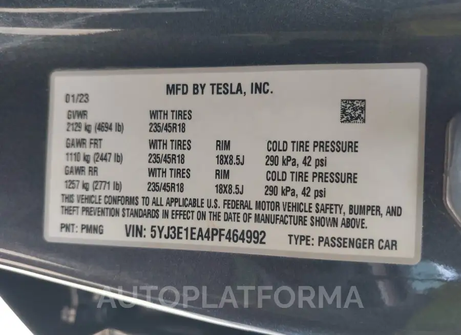 TESLA MODEL 3 2023 vin 5YJ3E1EA4PF464992 from auto auction Iaai