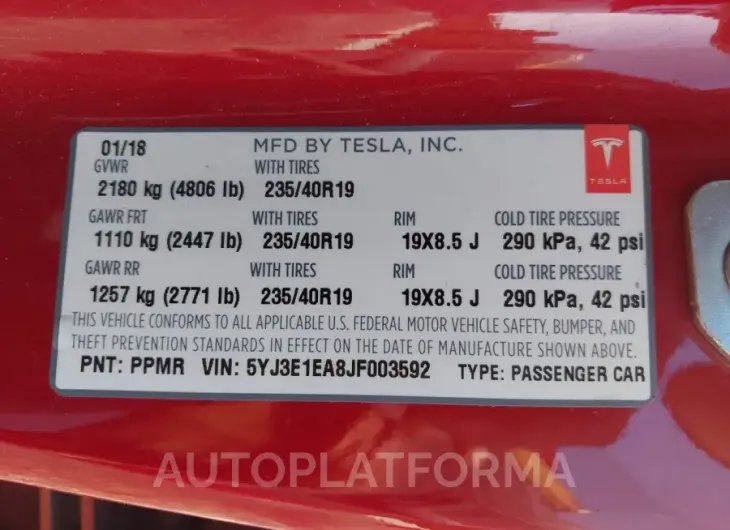 TESLA MODEL 3 2018 vin 5YJ3E1EA8JF003592 from auto auction Iaai