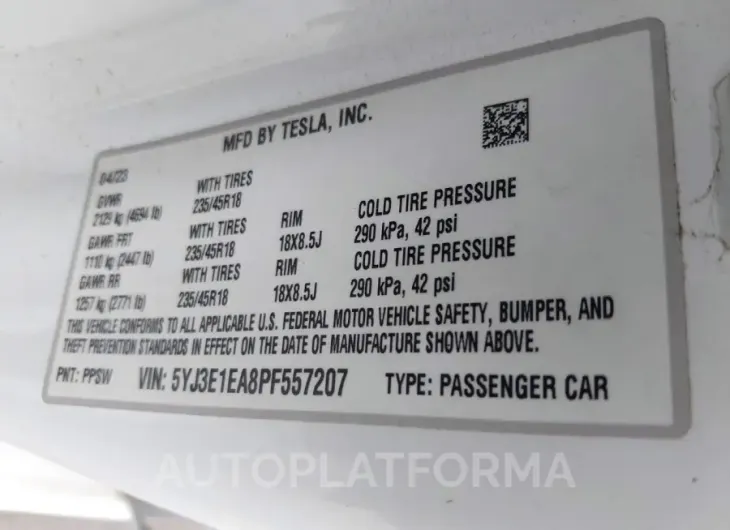 TESLA MODEL 3 2023 vin 5YJ3E1EA8PF557207 from auto auction Iaai