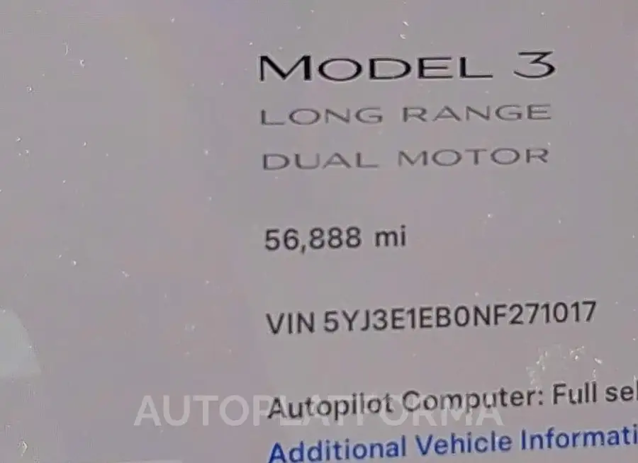 TESLA MODEL 3 2022 vin 5YJ3E1EB0NF271017 from auto auction Iaai