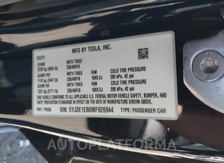 TESLA MODEL 3 2021 vin 5YJ3E1EB8MF926944 from auto auction Iaai