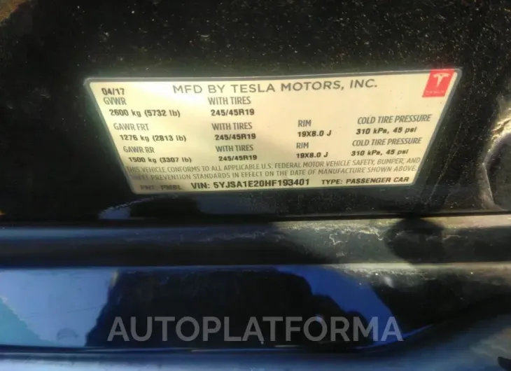 TESLA MODEL S 2017 vin 5YJSA1E20HF193401 from auto auction Iaai