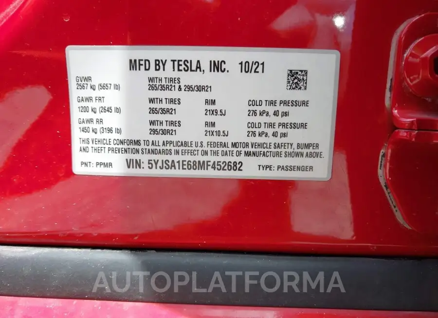 TESLA MODEL S 2021 vin 5YJSA1E68MF452682 from auto auction Iaai