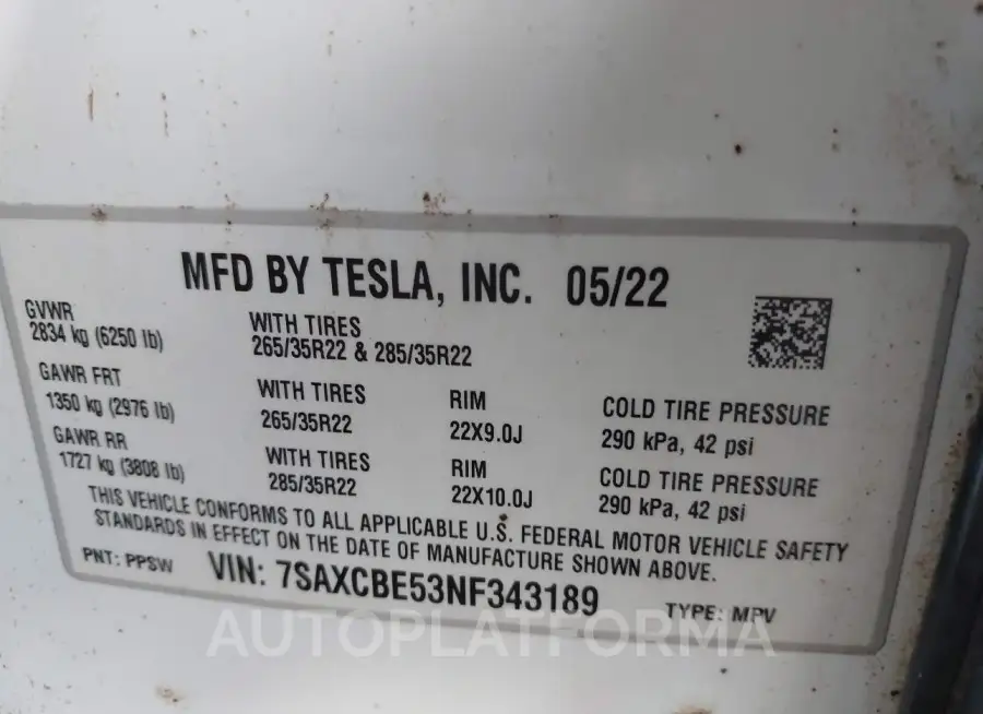 TESLA MODEL X 2022 vin 7SAXCBE53NF343189 from auto auction Iaai