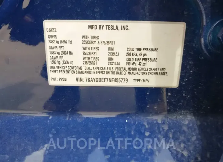 TESLA MODEL Y 2022 vin 7SAYGDEF7NF455779 from auto auction Iaai