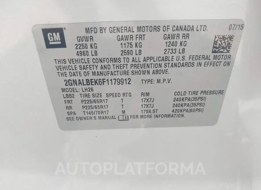 CHEVROLET EQUINOX 2015 vin 2GNALBEK6F1179912 from auto auction Iaai