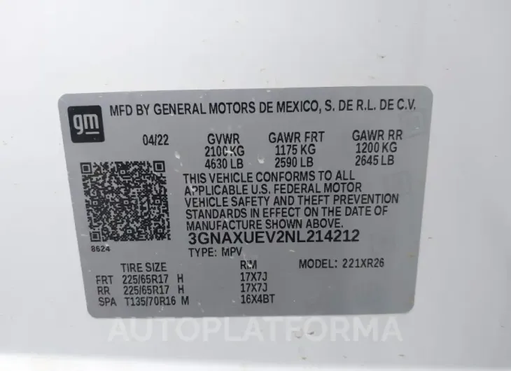 CHEVROLET EQUINOX 2022 vin 3GNAXUEV2NL214212 from auto auction Iaai